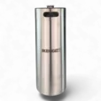 Tall stainless steel insulated water bottle with a screw-on cap and a branding logo on the side, set against a black background.