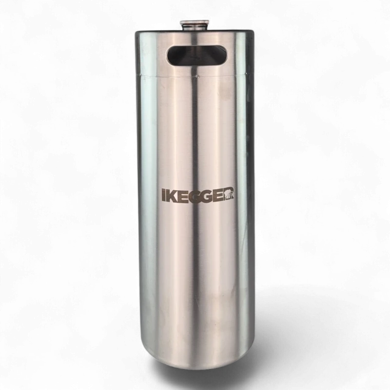Tall stainless steel insulated water bottle with a screw-on cap and a branding logo on the side, set against a black background.