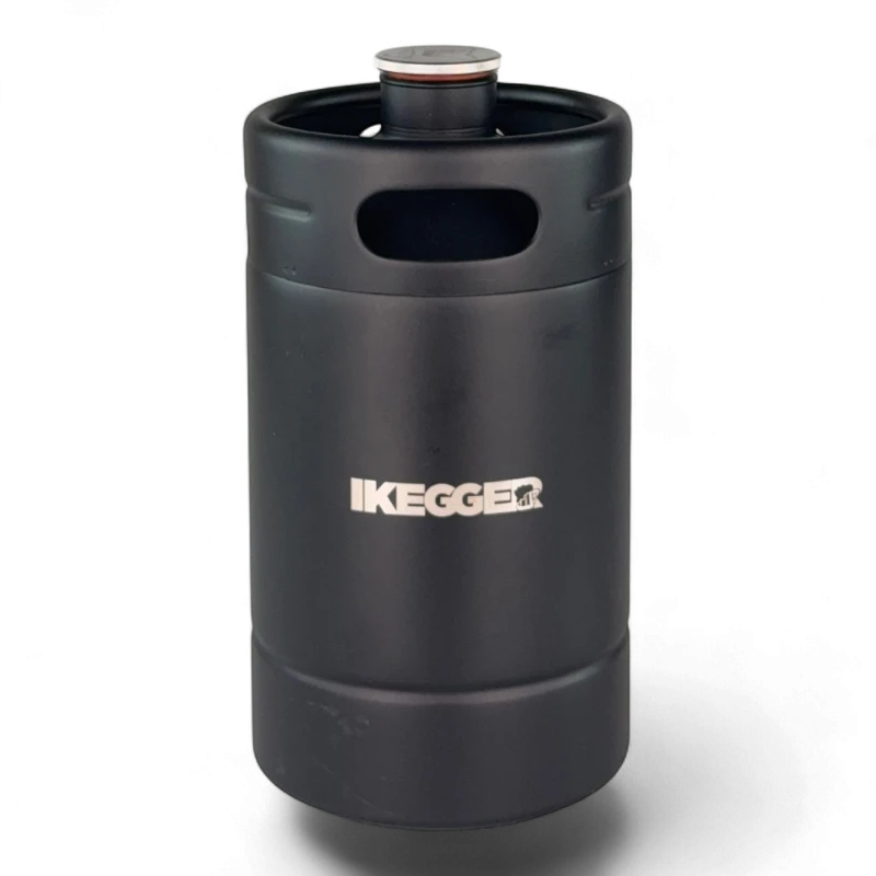 Black portable mini keg with a top cap and built-in handle, labeled IKEGGER.