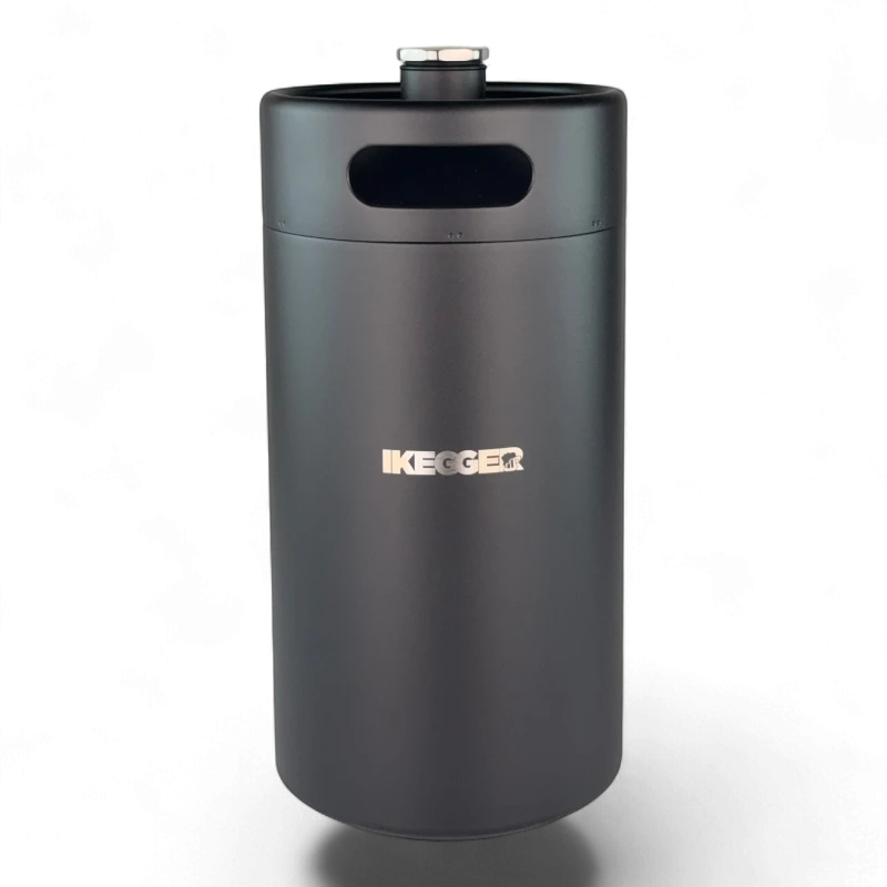 Tall dark gray cylindrical trash can with a rectangular front opening and a small top cap; brand name 'IKEGGER' on the front.