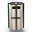 Stainless steel beer keg with a top tap and handle opening, shown against a black background.