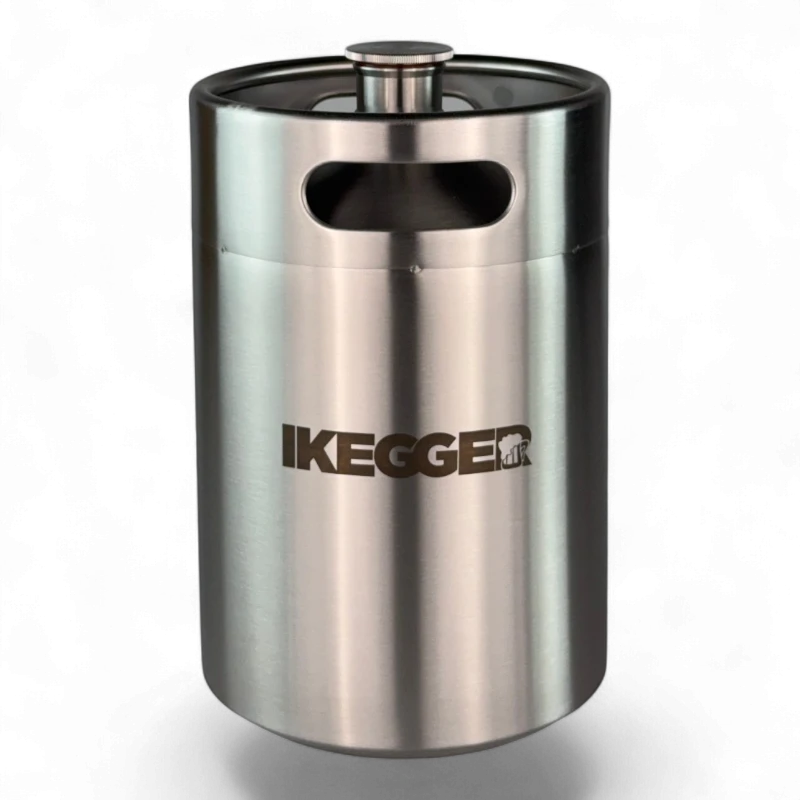 Stainless steel beer keg with a top tap and handle opening, shown against a black background.