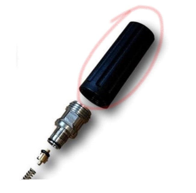 Precision screwdriver with black handle and silver shaft, separated into tip and bit components