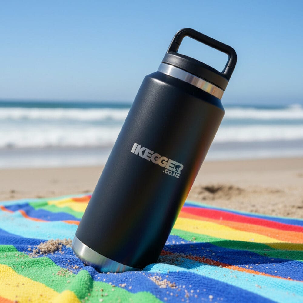 IKG-1L-GRW Black insulated water bottle tilted on a colorful striped beach towel with the ocean in the background.