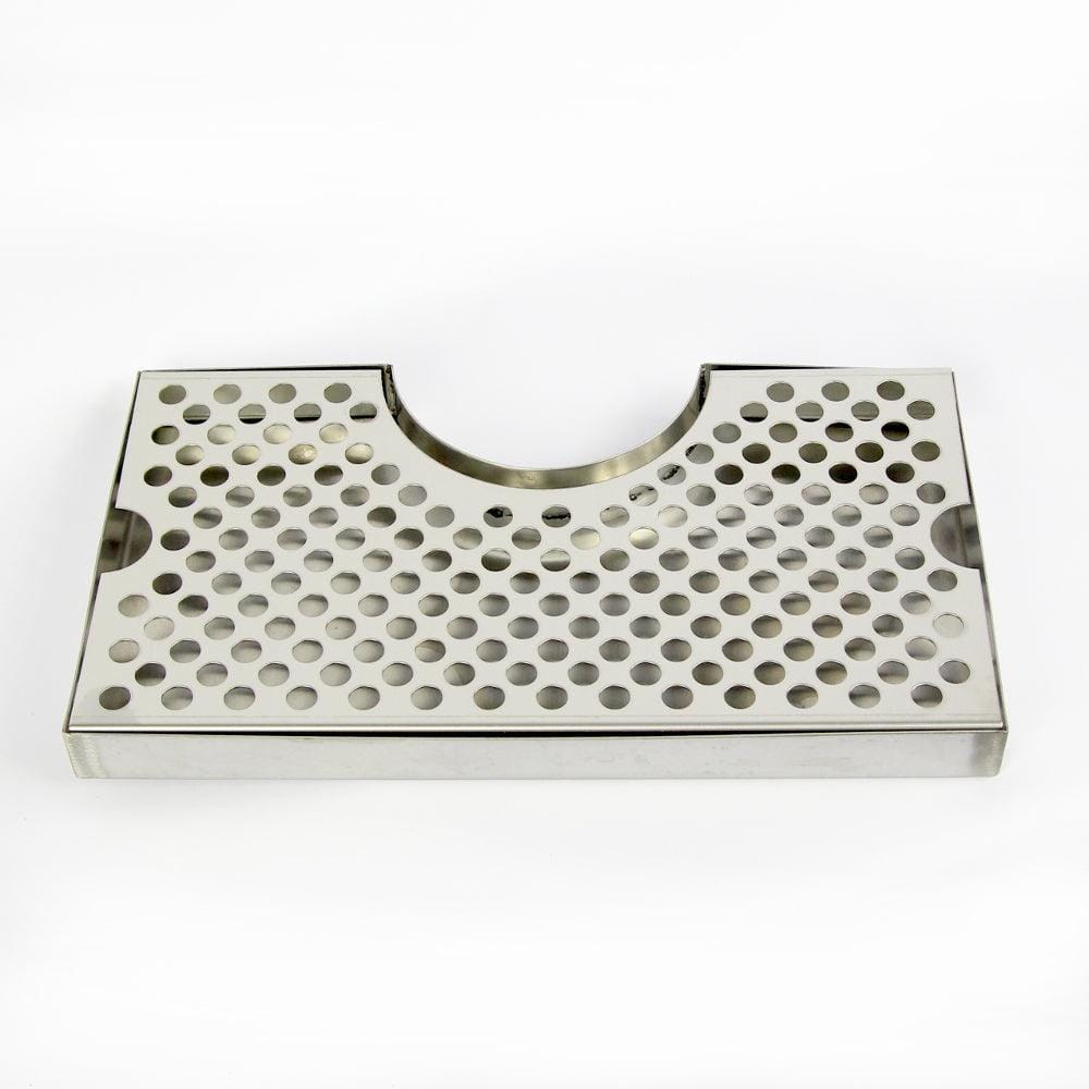 Stainless steel perforated tray with evenly spaced circular holes and a curved notch along the top edge.