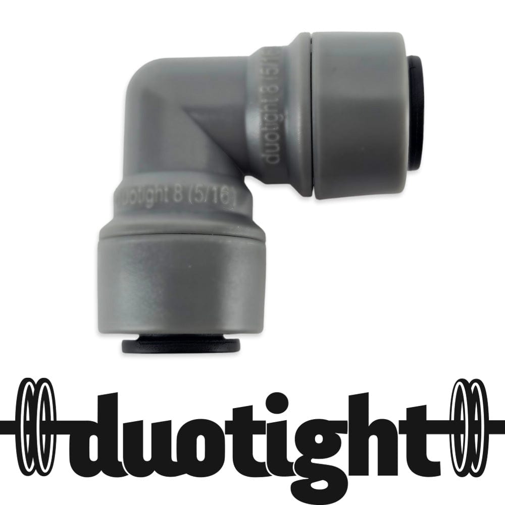Grey 90-degree push-fit tubing elbow connector with black O-ring (Duotight).