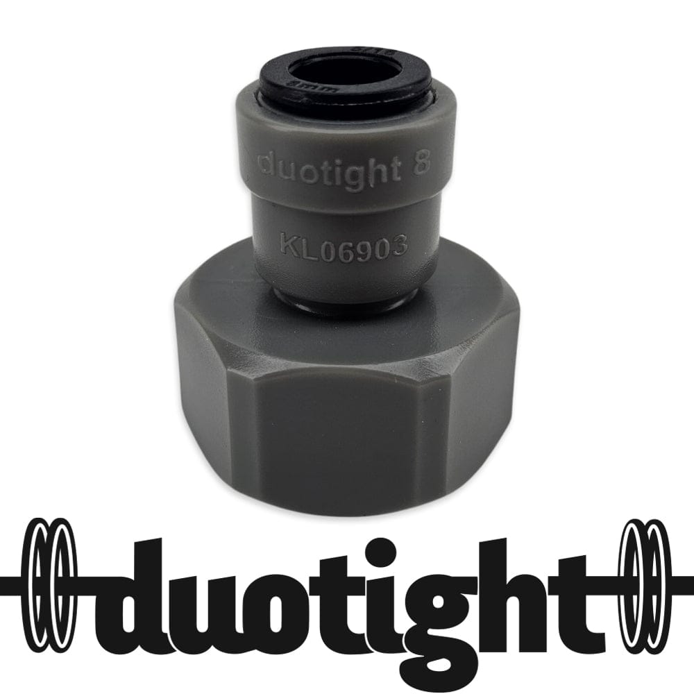 Gray Duotight 8 push-to-connect fitting with hex nut, close-up (model KL06903).