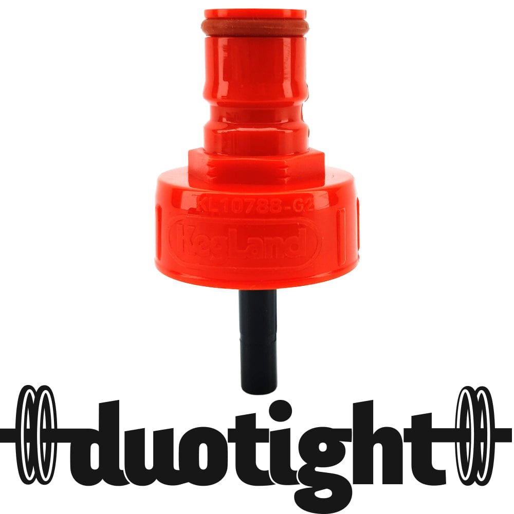 Red Duotight quick-connect fitting with a black tube on a white background, close-up detail.