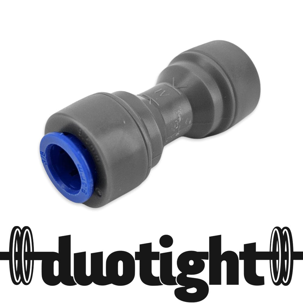 Gray Duotight quick-connect hose fitting with blue collar, photographed at an oblique angle against a white background.