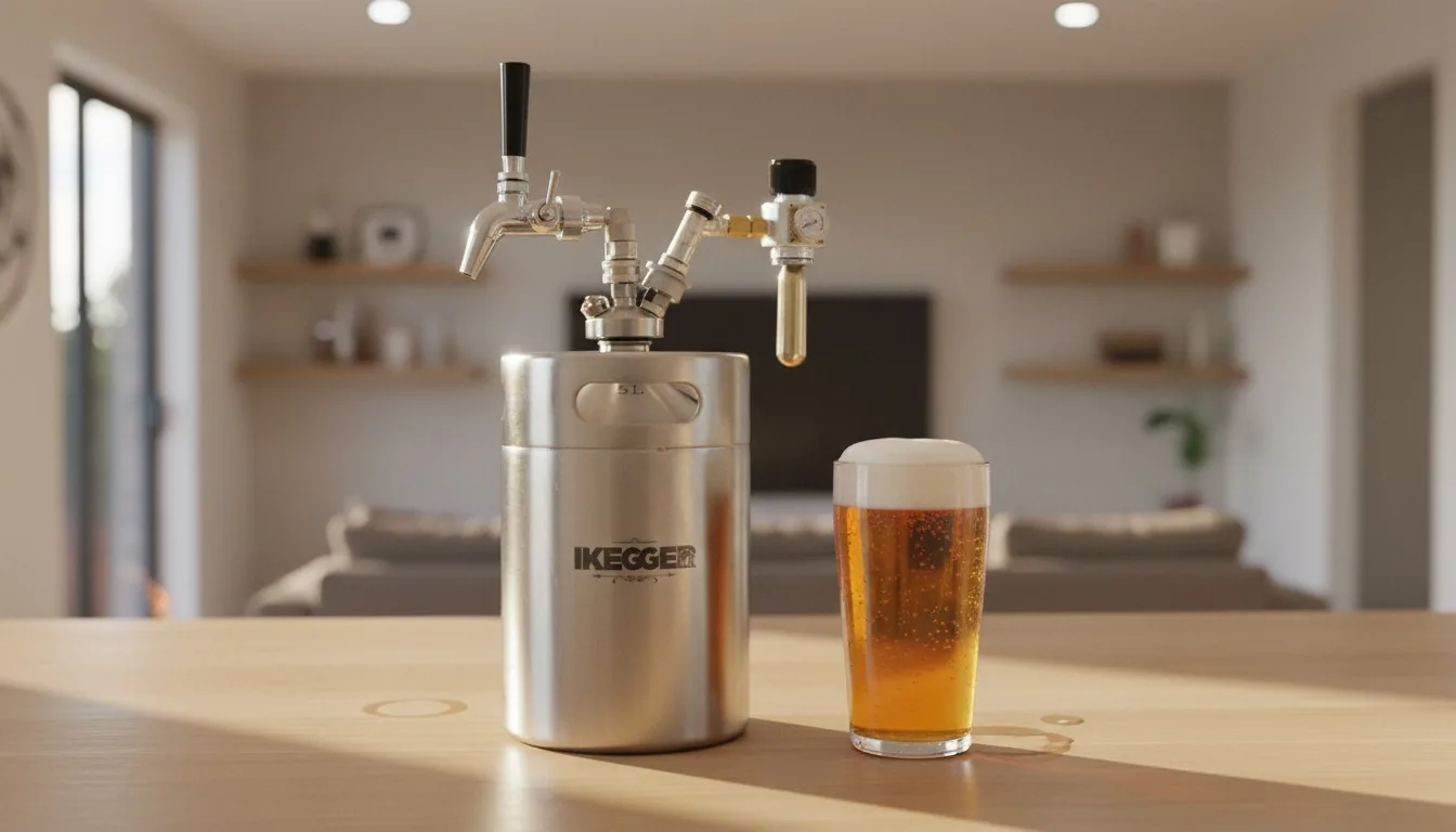 Ev salonunda ahşap masada 5 litre paslanmaz mini bira fıçısı, musluğu ve gaz regülatörü; yanında köpüklü dolu bira bardağı