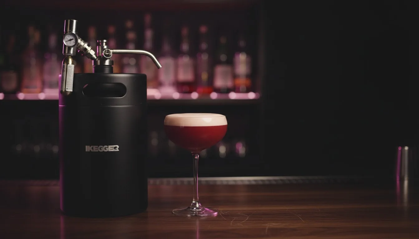 Bar tezgâhında siyah mini fıçı ve CO2 regülatörü; yanında köpüklü kırmızı gazlı kokteyl kadehi