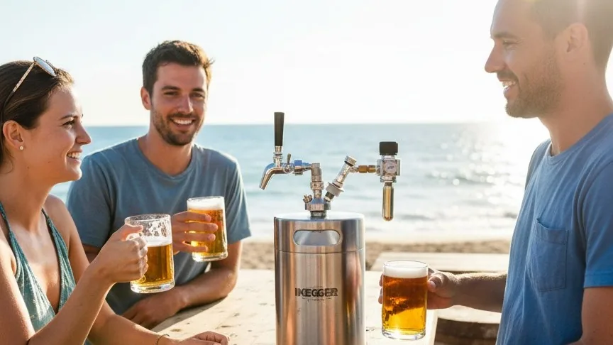 Bira musluk seti takılı mini fıçıdan sahilde bira servisi