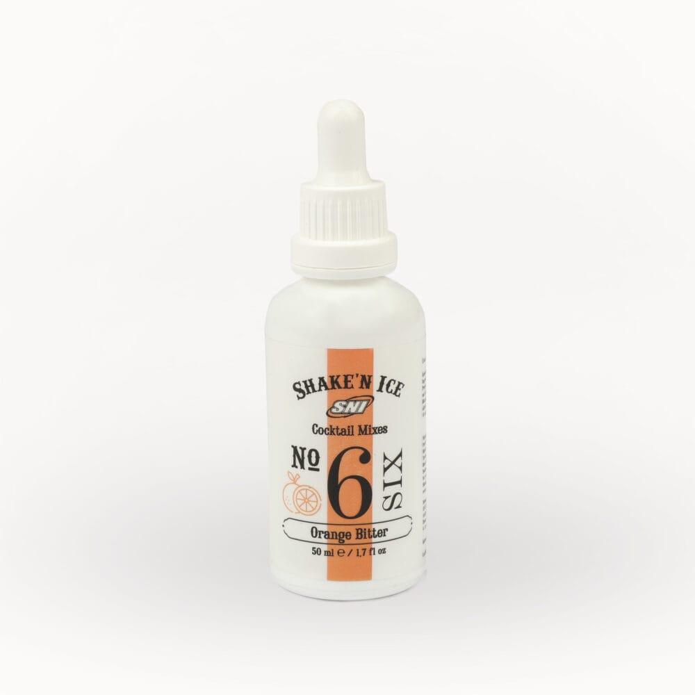 Small white dropper bottle centered on a white background, label reads Shake'n Ice No.6 Orange Bitter Cocktail Mixes (Orange Bitter).