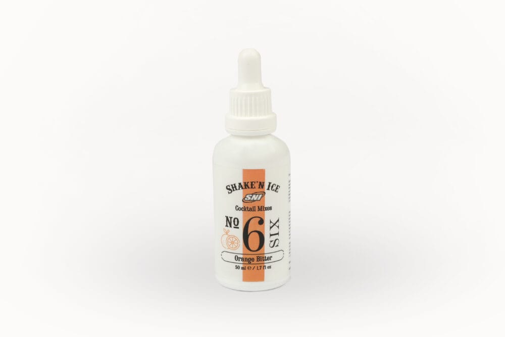 Small white dropper bottle centered on a white background, label reads Shake'n Ice No.6 Orange Bitter Cocktail Mixes (Orange Bitter).